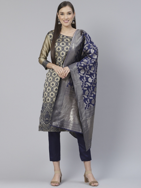

DIVASTRI Taupe & Navy Blue Woven Design Unstitched Dress Material