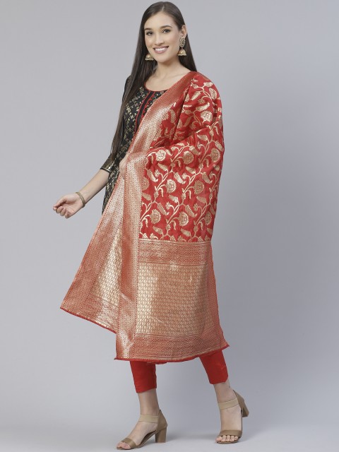 

DIVASTRI Black & Red Woven Design Unstitched Dress Material