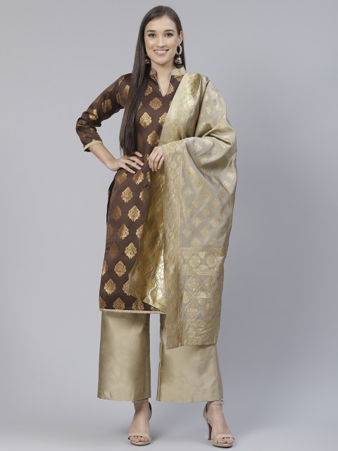

DIVASTRI Brown & Golden Zari Woven Design Unstitched Dress Material
