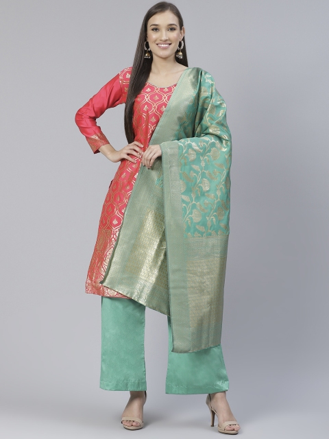 

DIVASTRI Coral Pink & Sea Green Woven Design Unstitched Dress Material