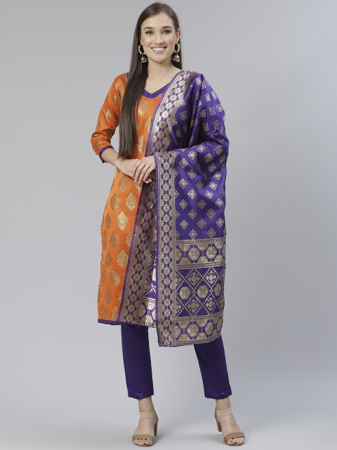 

DIVASTRI Orange & Purple Zari Woven Design Unstitched Dress Material With Dupatta