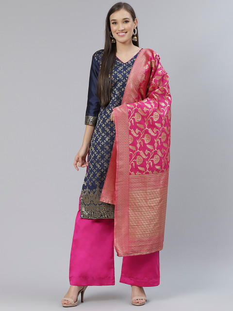 

DIVASTRI Navy Blue & Golden Woven Design Unstitched Dress Material