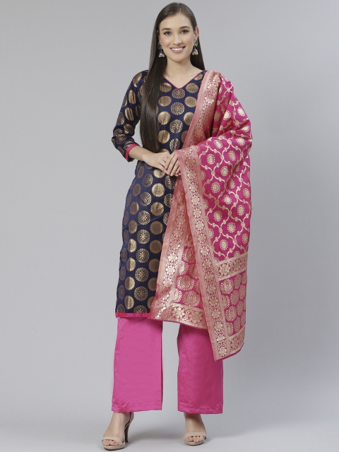 

DIVASTRI Navy Blue & Pink Zari Woven Design Unstitched Dress Material