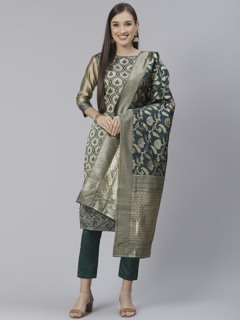 

DIVASTRI Green & Beige Woven Design Unstitched Dress Material