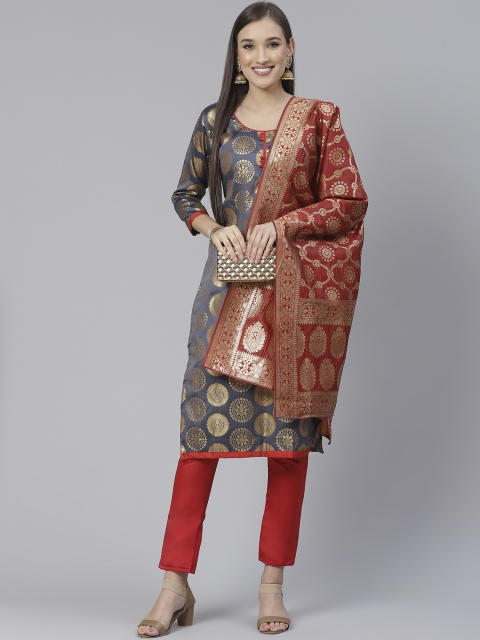 

DIVASTRI Grey & Red Zari Woven Design Unstitched Dress Material