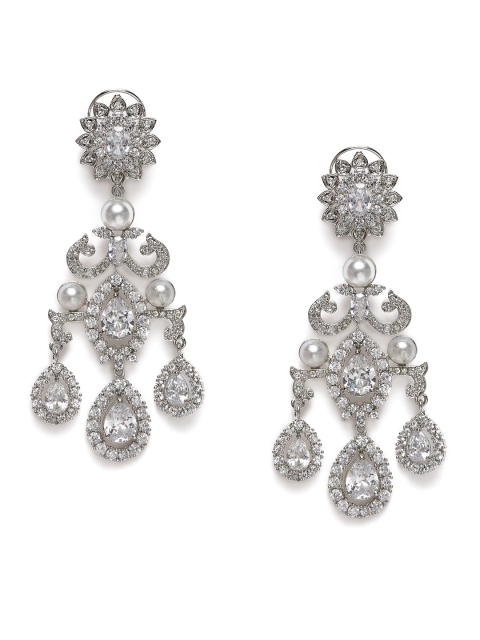 

MIDASKART Silver-Toned CZ Studded Handcrafted Chandelier Classic Drop Earrings