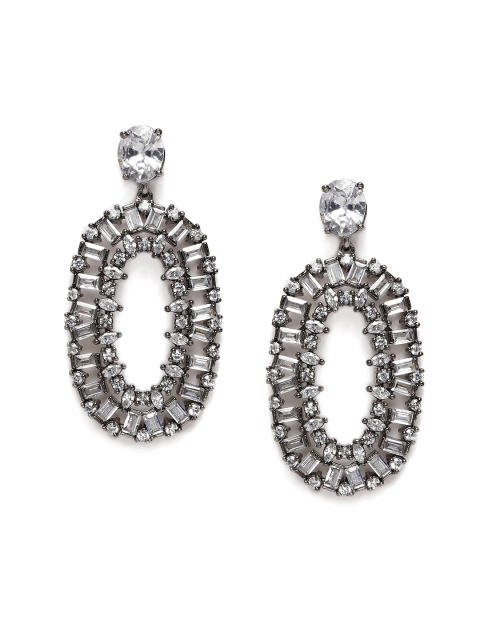 

MIDASKART Silver-Toned Cubic Zirconia Studded Oval Drop Earrings