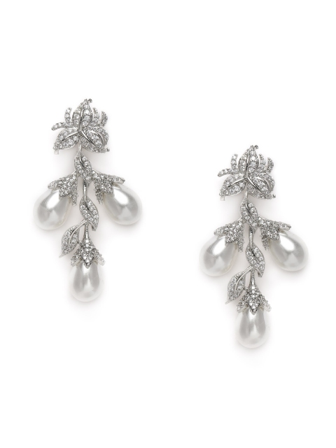 

MIDASKART Silver-Toned Cubic Zirconia Studded Paisley Shaped Drop Earrings