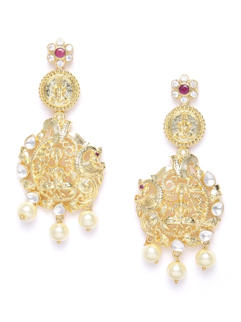 

MIDASKART Gold-Toned Kundan Studded Temple Classic Drop Earrings