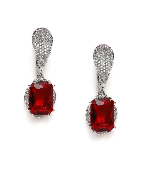 

MIDASKART Red & Silver-Toned Cubic Zirconia Studded Geometric Drop Earrings