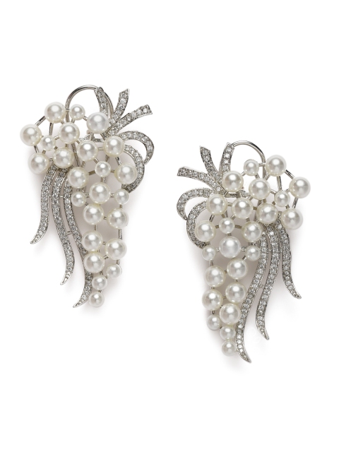 

MIDASKART White & Silver-Toned Pearl Studded Handcrafted Floral Studs