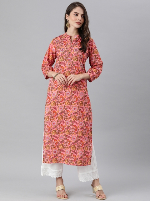 

Ksut Women Pink & Peach-coloured Floral Printed Kurta with Sequins