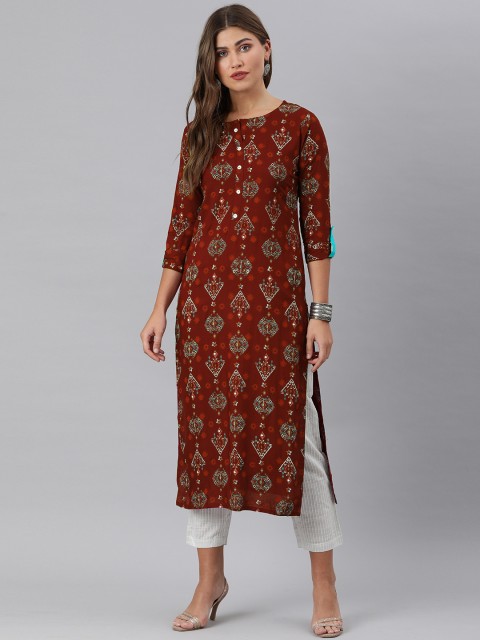 

KSUT Maroon & White Ethnic Motifs Printed Straight Kurta with Roll-Up Sleeves