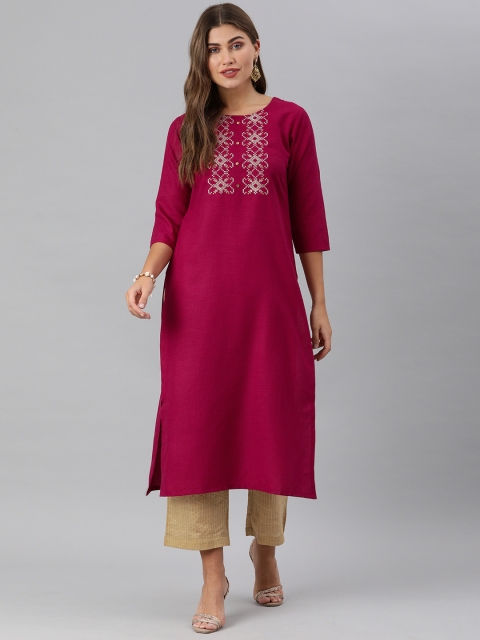 

KSUT Women Fuchsia & Golden Yoke Design Zari Detail Straight Kurta