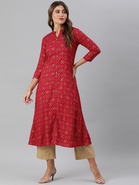 

KSUT Women Fuchsia & Golden Ethnic Motifs Print Front Slit A-Line Kurta