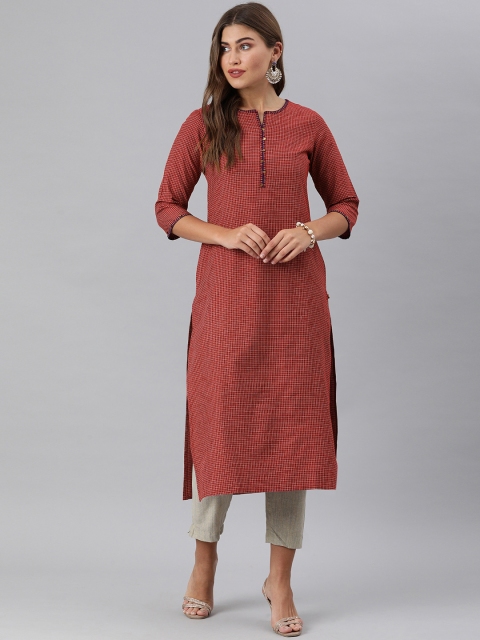 

KSUT Rust Red & Off-White Checked Straight Kurta with Embellishments