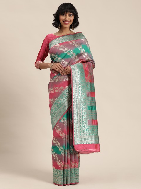 

Mitera Pink & Silver-Toned Cotton Blend Woven Design Mysore Silk Saree