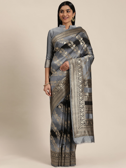 

Mitera Grey & Gold-Toned Woven Design Mysore Silk Saree