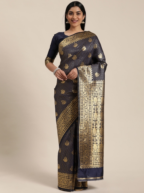 

Mitera Navy Blue & Gold-Toned Art Silk Woven Design Dharmavaram Saree