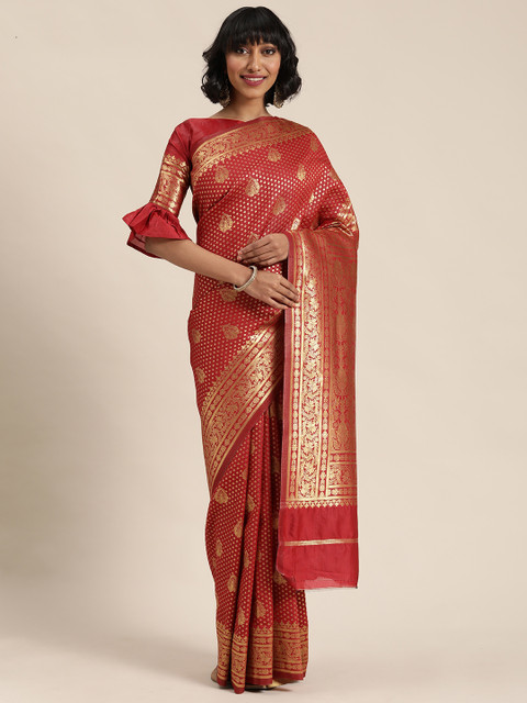 

Mitera Red & Gold-Coloured Woven Design Dharmavaram Celebrity Saree