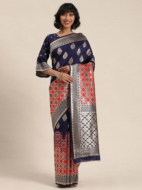 

Mitera Navy Blue & Gold-Toned Cotton Blend Woven Design Mysore Silk Saree