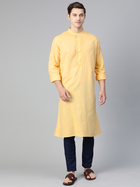 

Fabindia Men Yellow Pure Cotton Chikankari Solid Straight Kurta