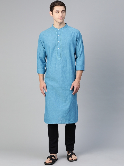 

Fabindia Men Blue Chikankari Pure Cotton Yoke Design Straight Kurta