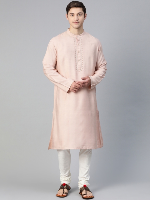 

Fabindia Men Peach-Coloured Embroidered Yoke Design Comfort Fit Straight Kurta