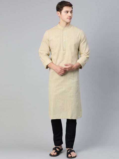 

Fabindia Men Beige Chikankari Yoke Design Pure Cotton Slim Fit Straight Kurta