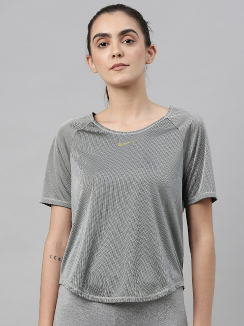 

Nike Women Grey Solid Round Neck Dri-Fit AS W NK ICNCLSH Running Top