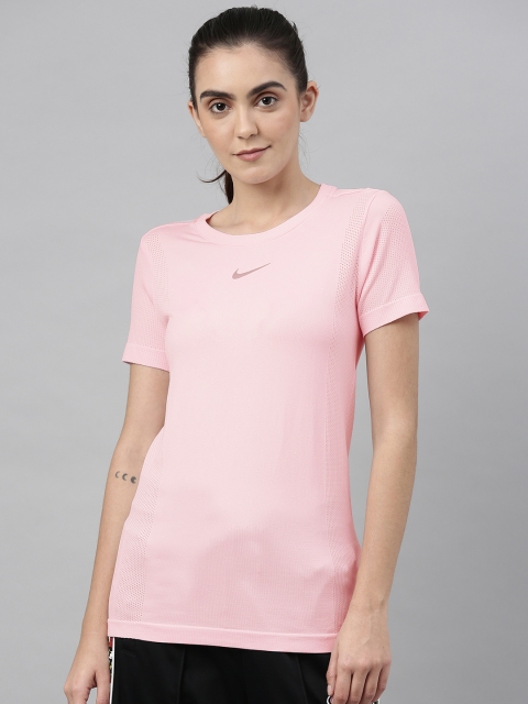 

Nike Women Pink Solid AS W NK INFINITE SS Running T-shirt with Printed Detail