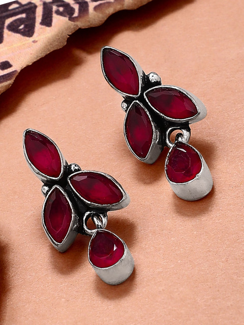

Rubans Silver-Toned & Red Contemporary Drop Earrings