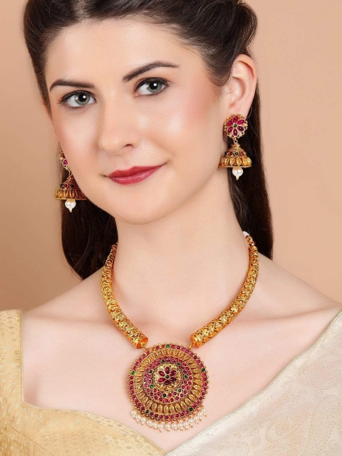 

Rubans Gold-Plated Pink & Green Handcrafted Jewellery Set