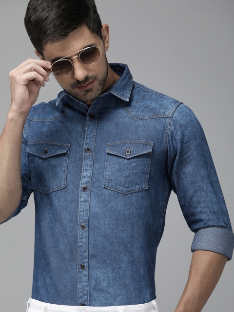 

TrueModa Men Blue Slim Fit Solid Casual Shirt