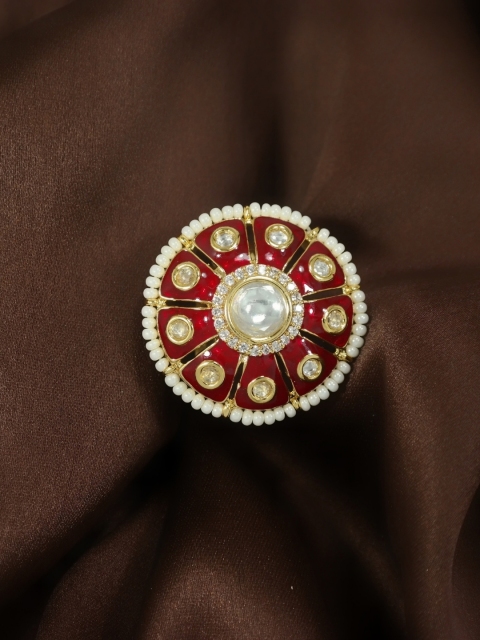 

I Jewels Gold-Plated White & Maroon Meenakari Studded Adjustable Finger Ring