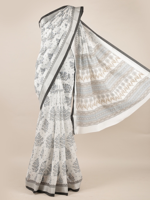 

Pothys White & Grey Linen Blend Printed Saree with Zari Border