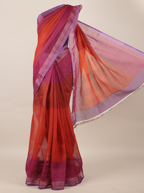 

Pothys Orange & Pink Linen Blend Colourblocked Saree