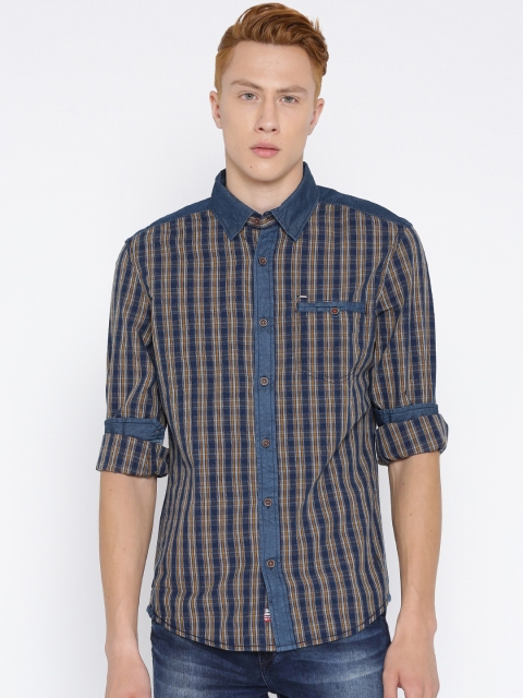 

ALCOTT Navy & Mustard Yellow Checked Casual Shirt, Navy blue