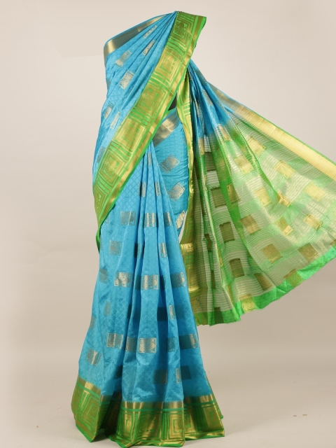 

Pothys Blue & Green Jute Silk Woven Design Saree with Zari Border