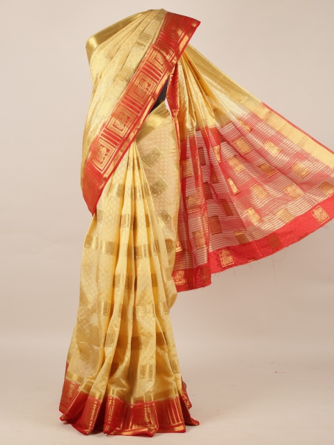 

Pothys Cream-Coloured & Red Jute Silk Woven Design Saree with Zari Border
