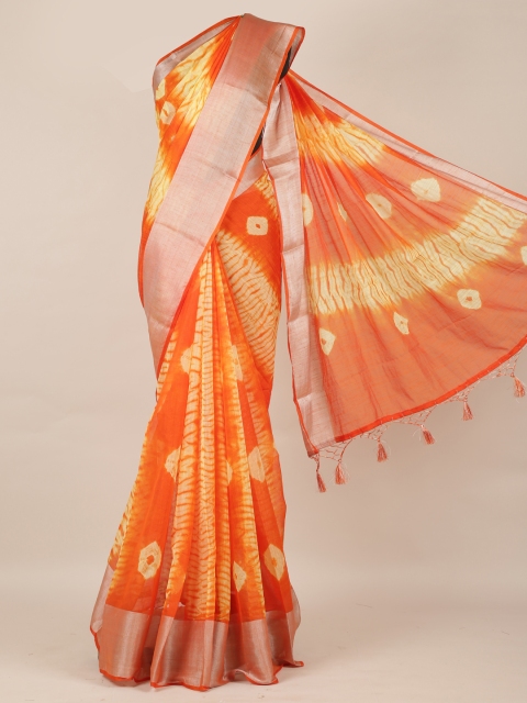 

Pothys Orange Linen Blend Printed Bandhani Saree