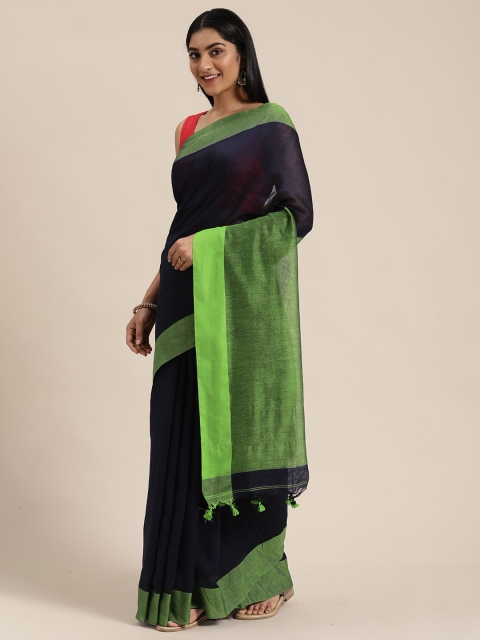 

KALASATI Navy Blue & Green Pure Cotton Solid Saree