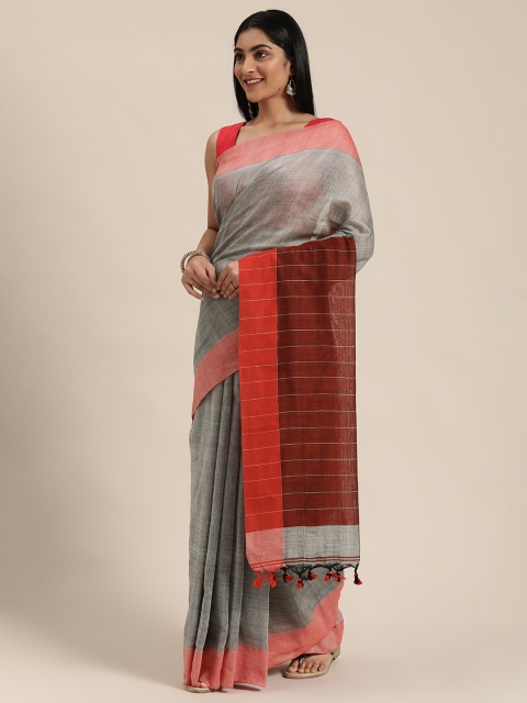 

KALASATI Grey & Red Pure Cotton Solid Saree