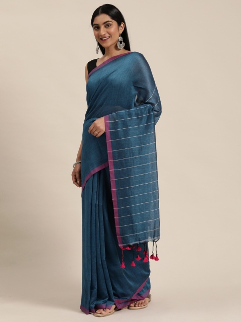 

KALASATI Teal Blue Solid Pure Cotton Handloom Saree