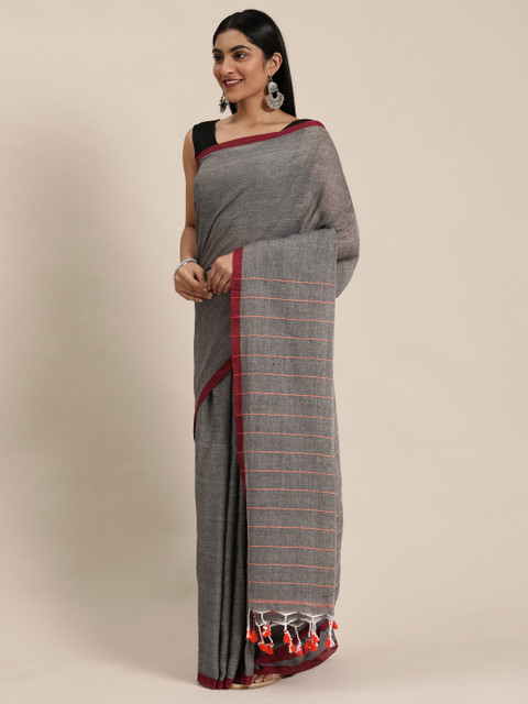 

KALASATI Grey Solid Pure Cotton Handloom Saree