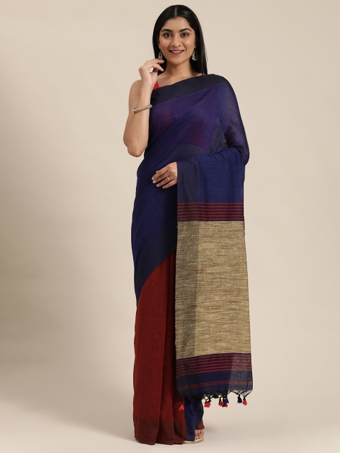 

KALASATI Navy Blue & Maroon Pure Cotton Solid Saree