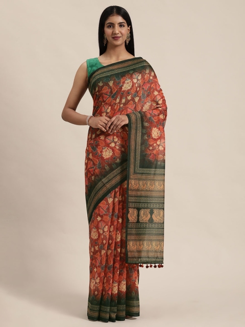 

Rajnandini Rust Orange & Green Silk Cotton Floral Printed Saree