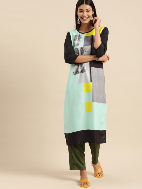 

Rajnandini Women Sea Green & Grey Printed Crepe Kurta