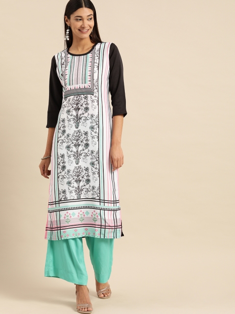 

Rajnandini Women White & Black Ethnic Motifs Printed Crepe Kurta