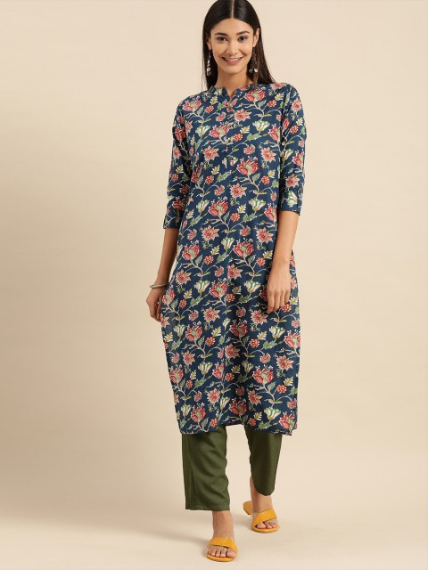 

Rajnandini Women Navy Blue & Pink Floral Printed Kurta